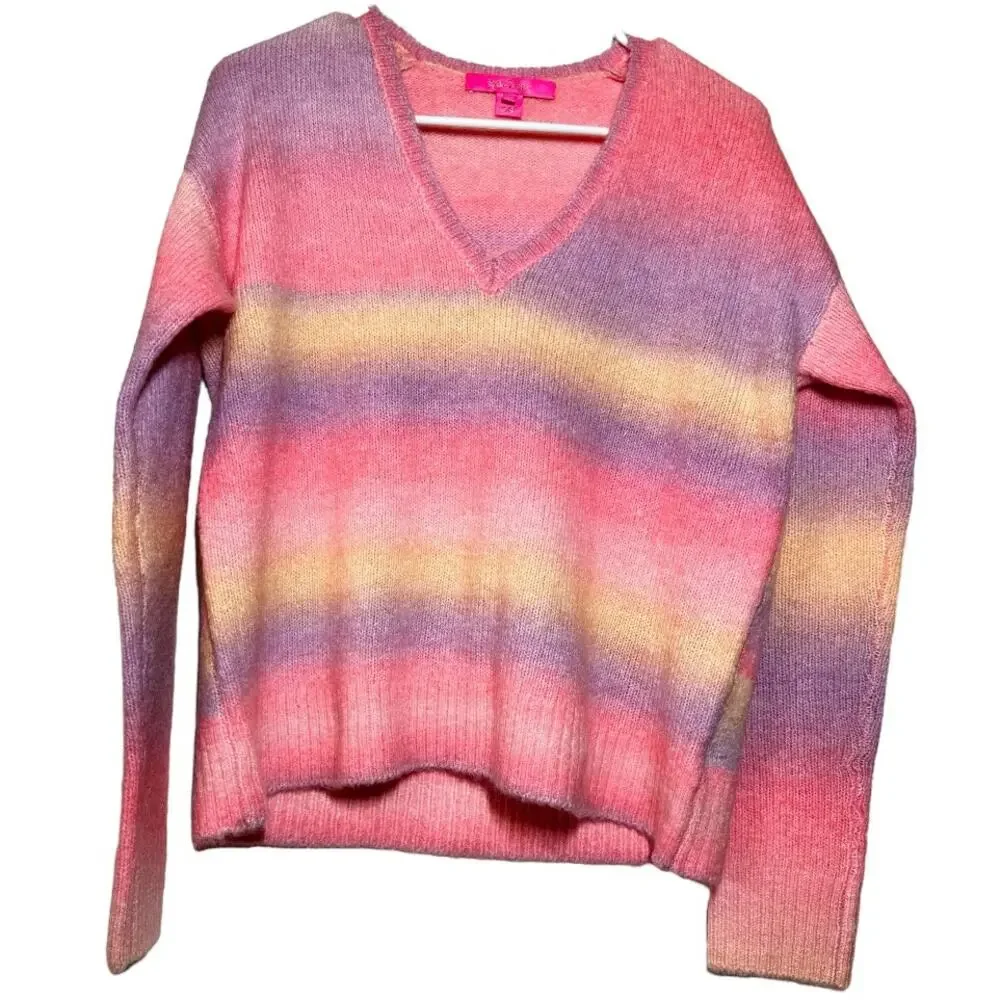 Lilly Pulitzer Chiya Sweater Striped Knitted V-Neck Yummy Melon Spacedye XS